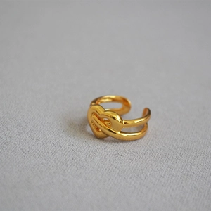 Elegant gold plated brass open ring featuring a double layer heart knot design