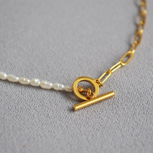 Baroque freshwater pearl and golden paperclip chain necklace with decorative OT toggle clasp