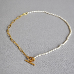 Brass Freshwater Pearl Toggle Clasp Choker Necklace For Women Gold Plated Paperclip Chain Half Pearl Half Chain Jewelry
