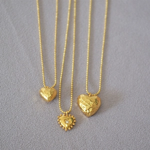 Vintage Brass Heart Pendant Necklace For Women Hammered Gold Plated Zirconia Dainty Ball Chain Jewelry Valentine Gift