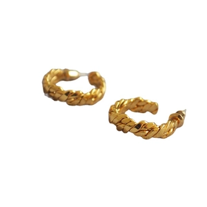 Gold-plated brass braided C-shape hoop earrings with vintage French twisted rope design
