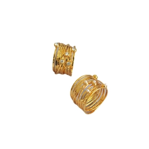 Handcrafted layered wire rings with gold texture, sparkling rhinestones and white pearls