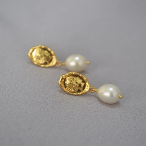 Vintage Queen Elizabeth relief coin earrings with round freshwater pearls in gold