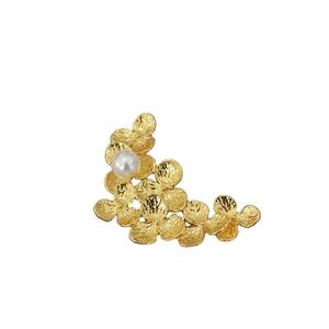 Elegant gold leaf flower brooch with white pearl inlay, minimalist brass jewelry for women