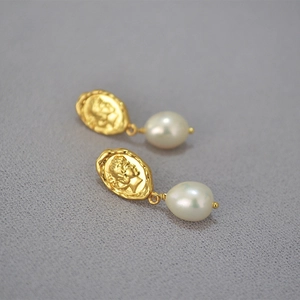 Vintage Elizabeth coin relief earrings with baroque freshwater pearls in gold finish