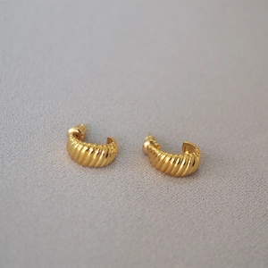French croissant style gold plated brass earrings with elegant C-shape ribbed texture
