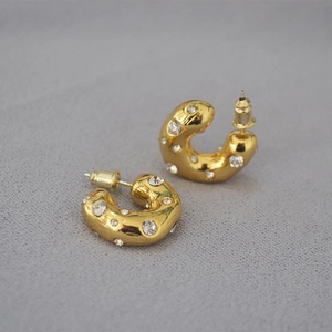 Vintage Chunky Brass C Hoop Earrings For Women Gold Plated Irregular Texture Rhinestone Studs With 925 Sterling Silver Post
