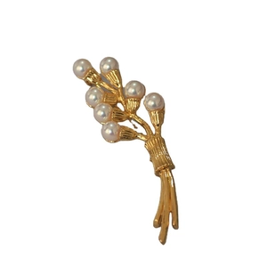 Vintage gold pearl lily of the valley brooch with textured branch design for women