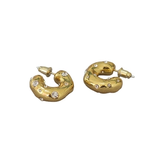 Chunky gold irregular C-shaped hoop earrings with sparkling rhinestones and 925 silver pins