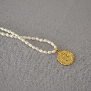 French retro gold coin pendant necklace with freshwater seed pearls for women