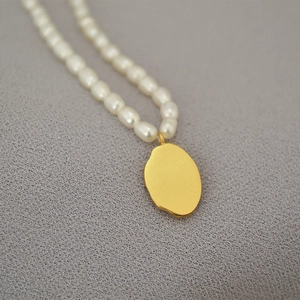 French retro gold coin pendant necklace with elegant white freshwater rice pearls