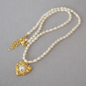Freshwater Rice Artificial Pearl Necklace With Irregular Lava Texture Heart Pendant 18K Gold Plated Brass For Women