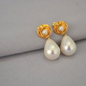 French vintage gold flower earrings with colorful halo teardrop pearls for women