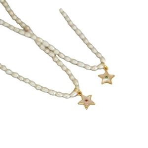 Freshwater pearl necklace with gold star pendant and colored gemstones for women