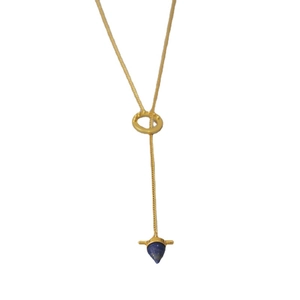 Lariat Y-necklace with brass gold chain and lapis lazuli cone pendant on white background