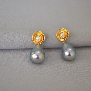 Vintage gold spiral floral stud earrings with iridescent grey teardrop pearls
