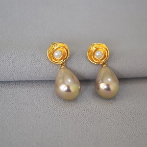 French vintage gold flower earrings with colorful teardrop pearl pendants