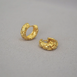 French Narrow Quilted Pattern Hoop Earrings Brass 18K Gold Plated Minimalist Stylish Jewelry For Women