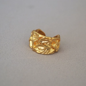 Vintage irregular hammered lava texture wide gold plated open ring for women