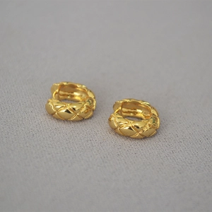 French style gold plated brass hoop earrings with matelasse quilted pattern texture