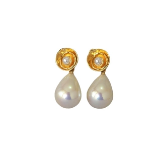 French vintage golden flower earrings with teardrop pearls and 925 silver needles
