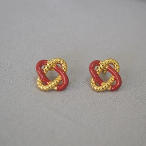 Elegant 925 silver needle red enamel knot stud earrings with gold twisted rope design