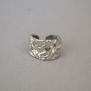 Irregular hammered lava texture wide open ring in silver-plated finish for women