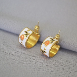 Vintage brass gold plated tulip enamel C-shape hoop earrings with 925 silver pins