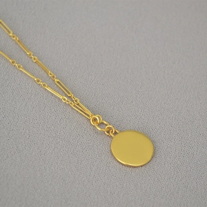 Minimalist brass gold plated round pendant necklace with paperclip chain for women