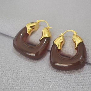 Macro shot of U-shaped translucent brown resin earrings with elegant gold-plated metal accents