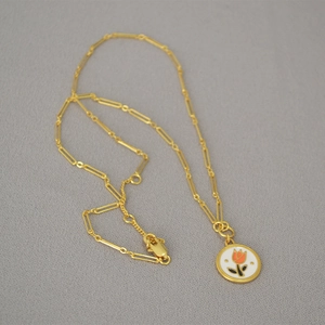 Retro brass gold-plated paperclip necklace with orange tulip enamel coin pendant