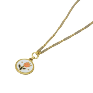 Vintage brass gold-plated necklace featuring a handmade enamel tulip coin pendant