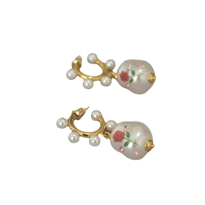 Baroque pearl drop earrings with red rose print and gold semi-hoop design for women