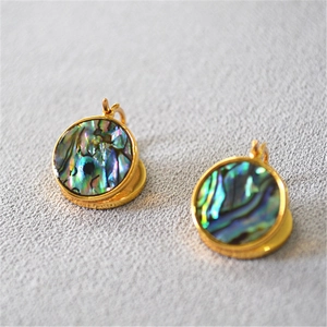Boucles d'oreilles Pendantes en Laiton Plaqué Or 18K avec Coquille d'Abalone pour Femme Disque Rond Coloré Nacre Irisée