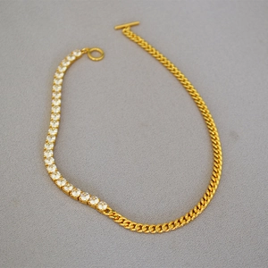 Minimalist Asymmetric Brass Splicing Necklace For Women Half Cuban Link Half Zirconia Tennis Chain With Toggle Clasp Jewelry