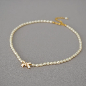 Handmade Enamel Butterfly Freshwater Pearl Necklace For Women French Vintage Bowknot Gold Alloy Pendant Choker Clavicle Chain