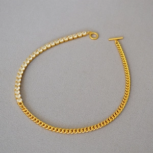 Elegant gold plated brass chain necklace with cubic zirconia and a toggle clasp closure