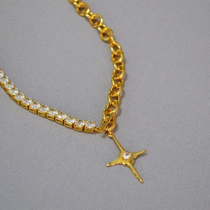 Gold plated brass chain necklace with cubic zirconia cross pendant and toggle clasp