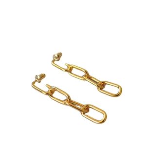 Minimalist gold link chain drop earrings with rectangular geometric design in high polish