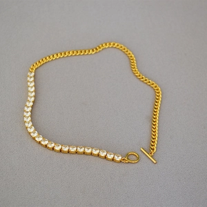 Gold plated brass chain necklace with cubic zirconia stones and T-bar toggle clasp