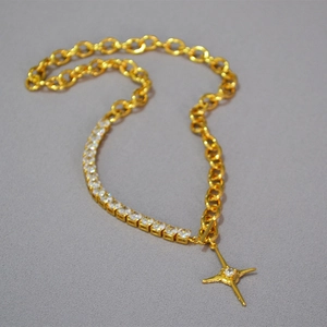 Trendy Copper Alloy Rhinestone Splicing Chain Necklace With Cross Four-Pointed Star Pendant Gold Platinum Jewelry For Women Men