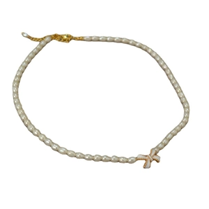 Handmade white enamel butterfly necklace with fresh water rice pearls and golden clasp