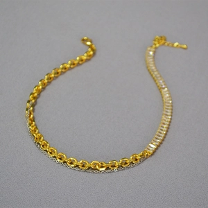 Two-tone mixed chain necklace with rectangular zircon pendant and layered silver-tone detail