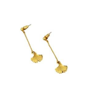 Elegant gold ginkgo leaf dangle earrings with delicate long chains for women