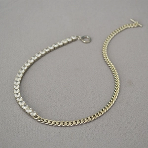 Silver-tone necklace with cuban and tennis chain splice and OT toggle closure