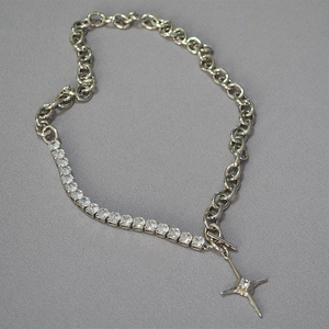 Gold-plated brass cross necklace featuring zircon chain and elegant OT clasp closure