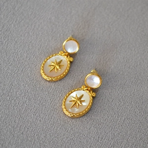 Vintage Brass Earrings With 925 Sterling Silver Post Gold Plated Mother Of Artificial Pearl Oval North Star Drop Earrings For Women