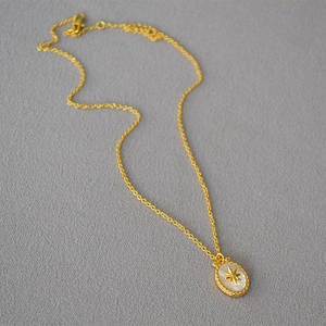 Gold north star necklace with oval shell pendant on a neutral textured background