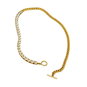 Gold plated brass necklace featuring zircon splice design and T-bar toggle clasp