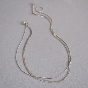 Minimalist double layered silver snake chain and link necklace set for women